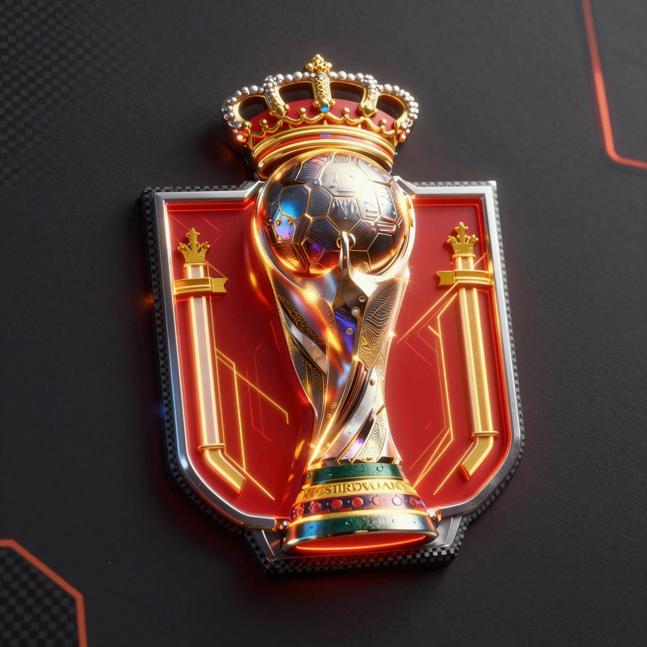 Futuristic Spanish soccer crest with glowing red and gold