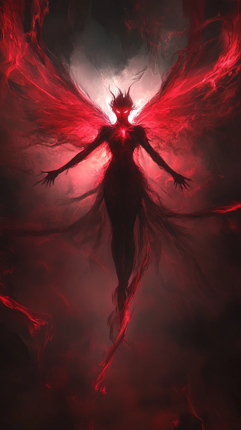 Dark faerie silhouette with glowing red energy wings