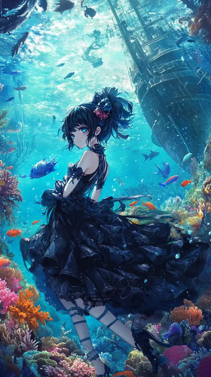 Colorful coral reef with small fish and sunken fantasy ship