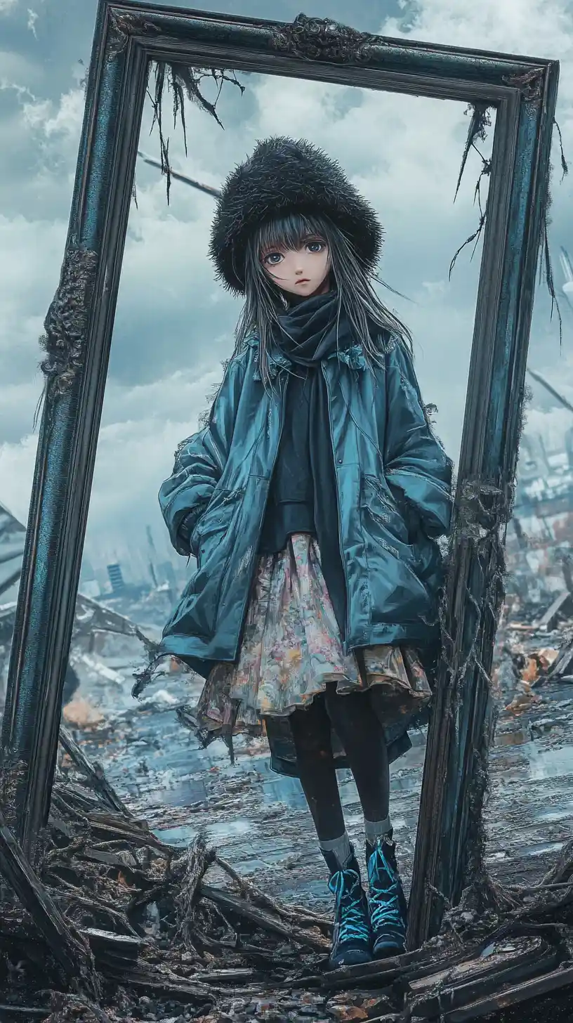 Anime girl in a distant fantasy world with empty frame