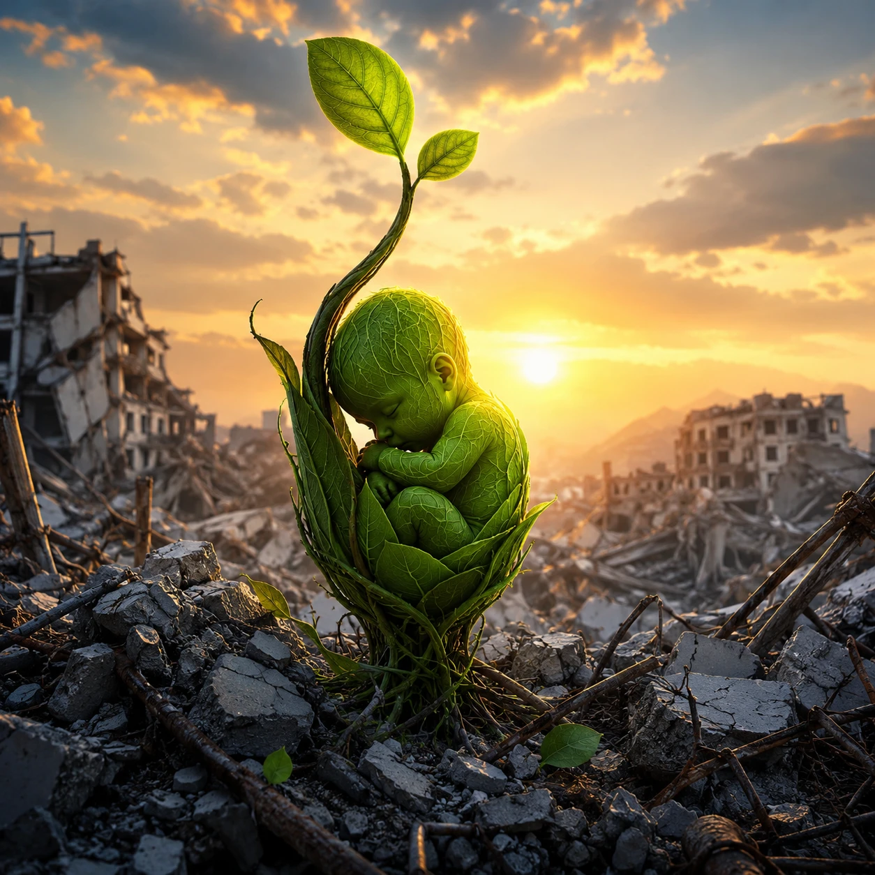 Newborn shaped plant rising from earthquake ruined city