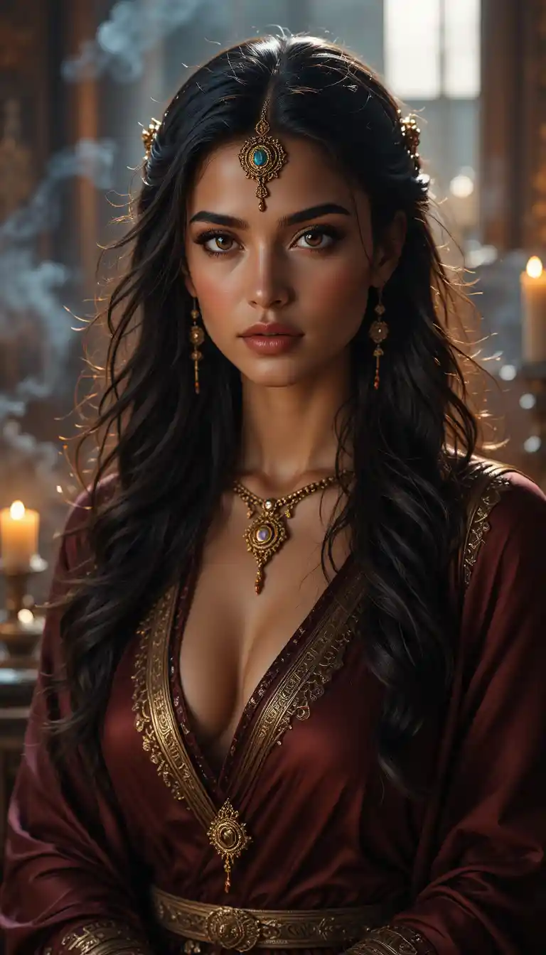 Mystical olive skinned woman in candlelit Babylonian robes