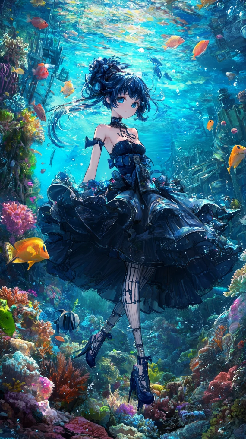 Colorful coral reef and tiny fish in an underwater anime scene
