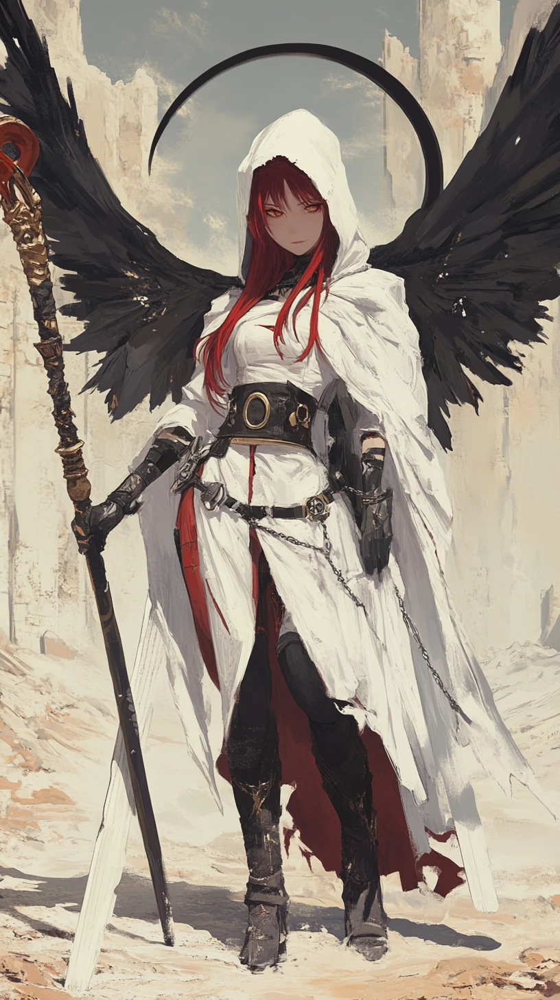 Battle scythe in ancient desert ruins with red runes