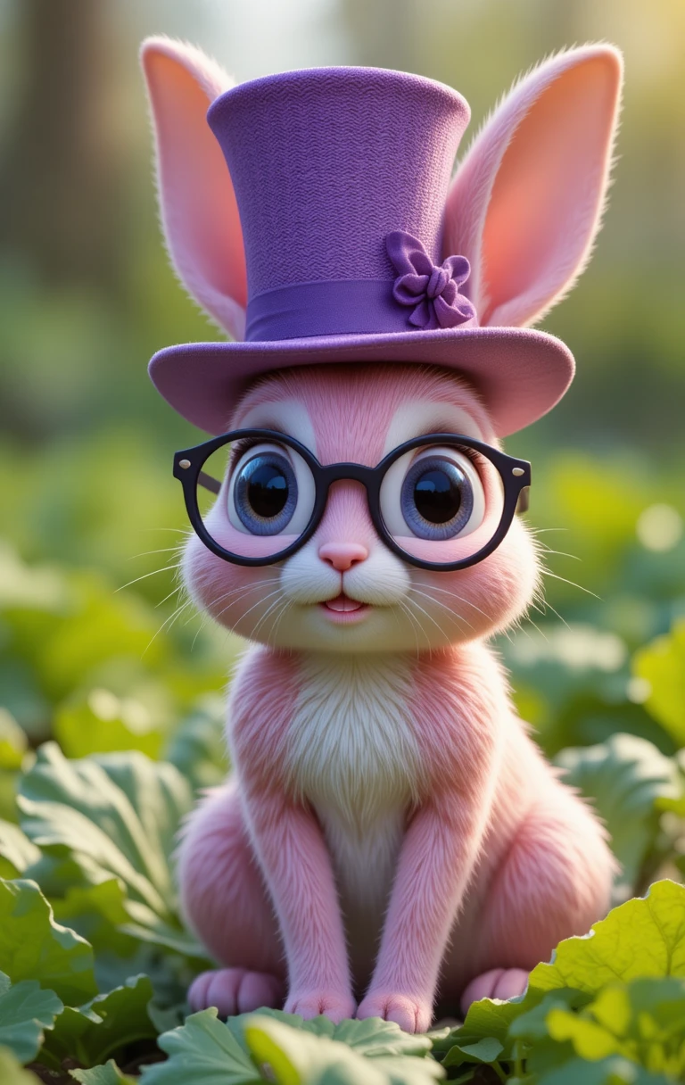 Cute pink rabbit with top hat sitting in lettuce garden