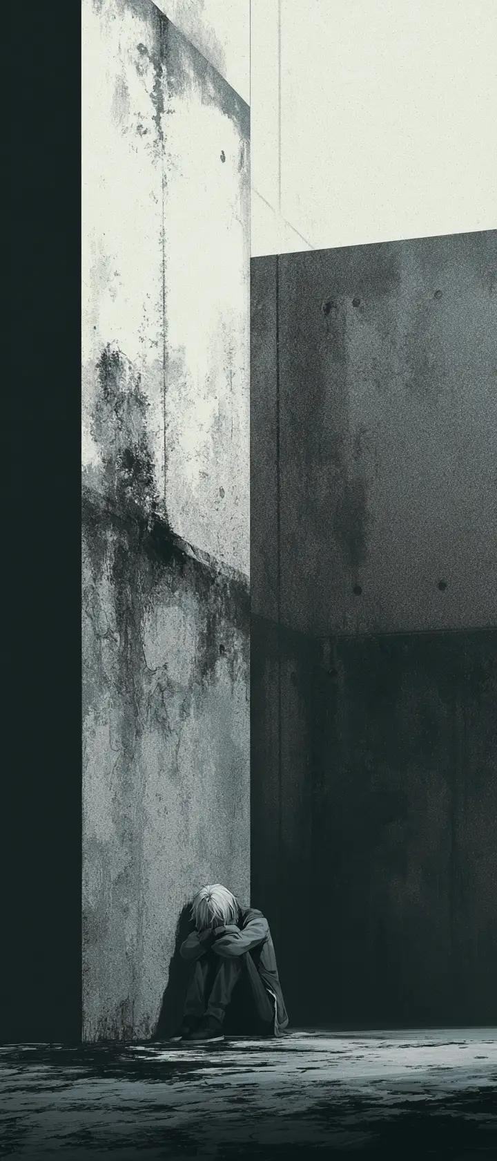 Figura solitaria nella disperazione sotto una colossale parete brutalista