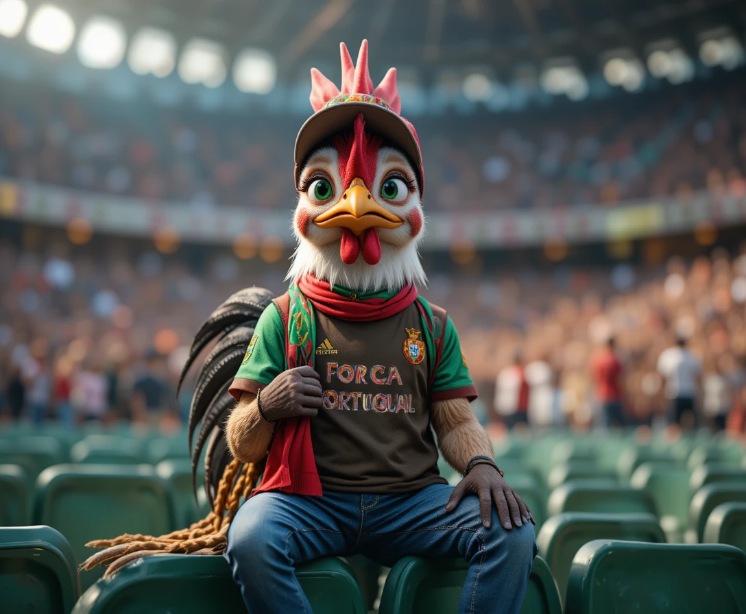 Rooster mascot in football fan outfit at stadium