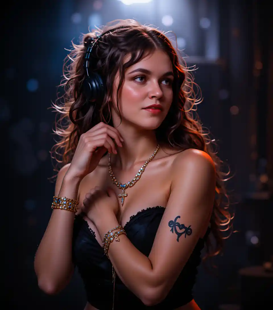 Young female dj portrait with headphones and cross pendant