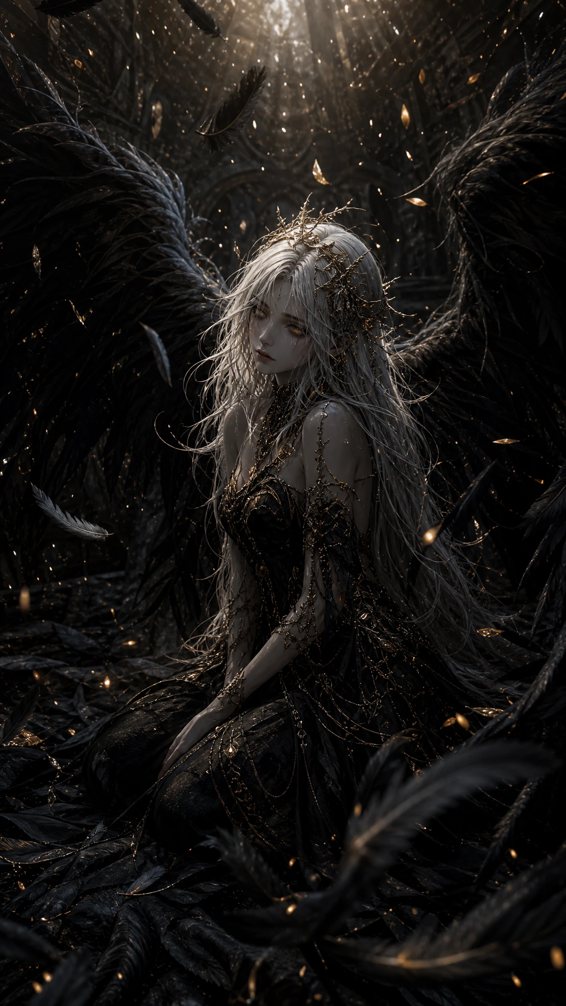Dark celestial angel woman with vast black feathered wings