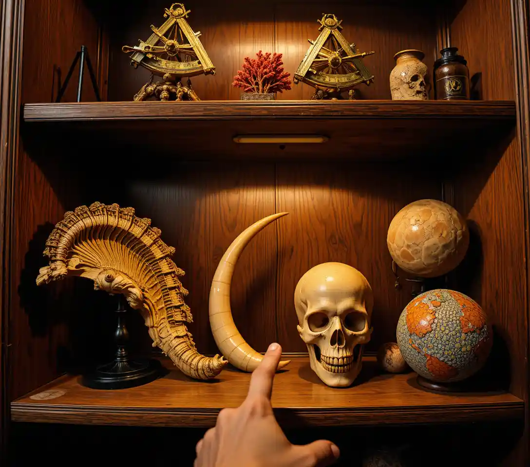 Curiosity filled bookshelf with skull and antique instruments