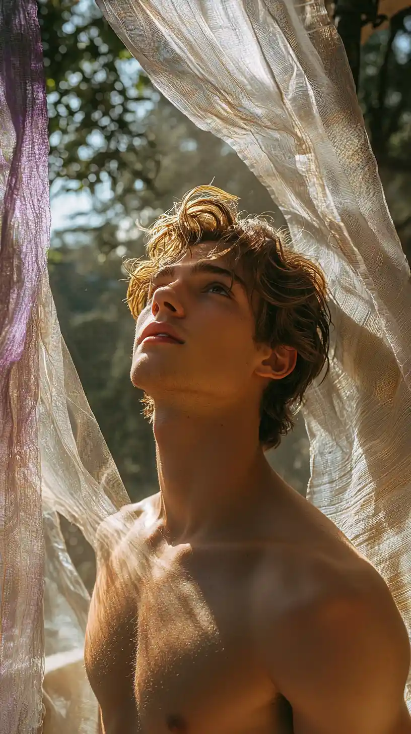 Serene young man looking up through translucent balcony fabric