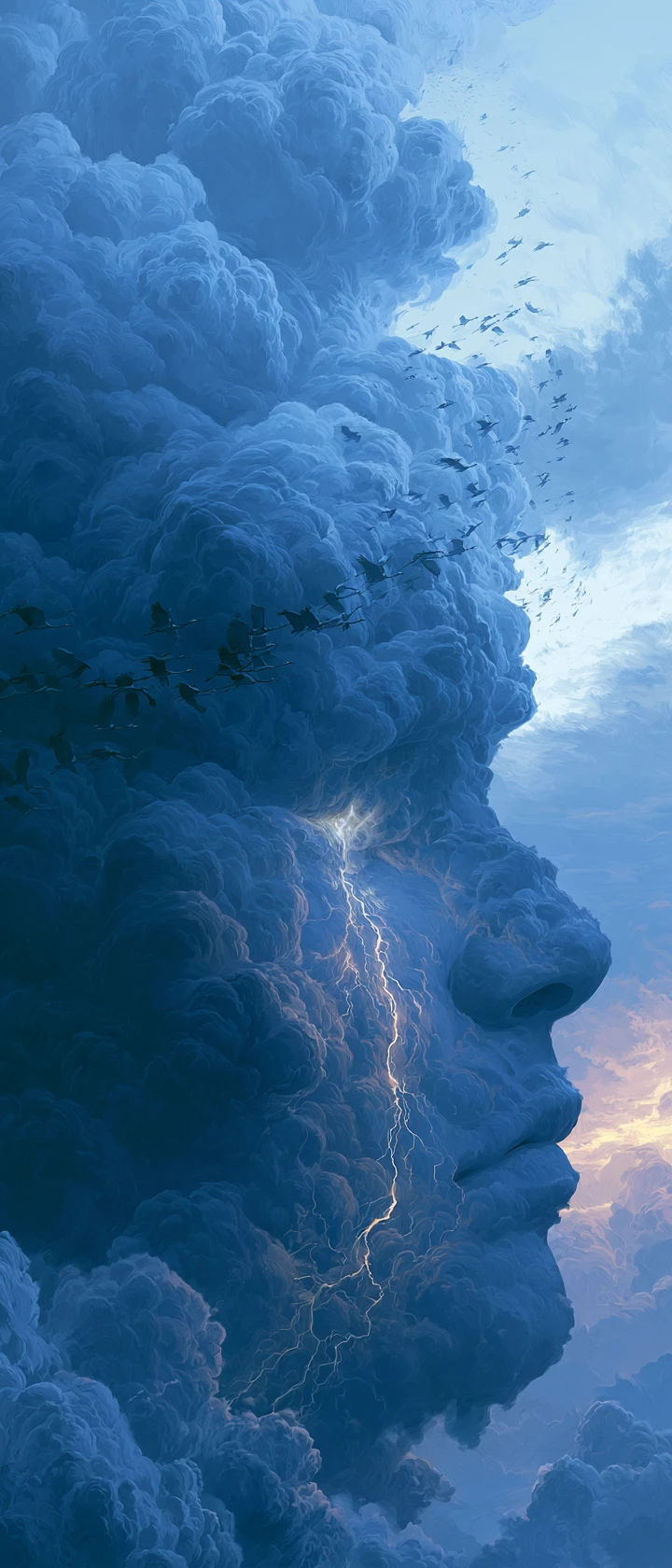 Surreal weeping face formed from twilight clouds and cranes
