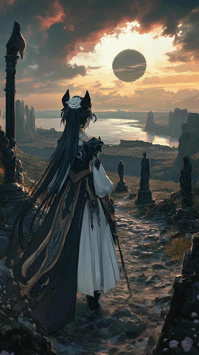 Anime girl in stone circle at sunset by the sea