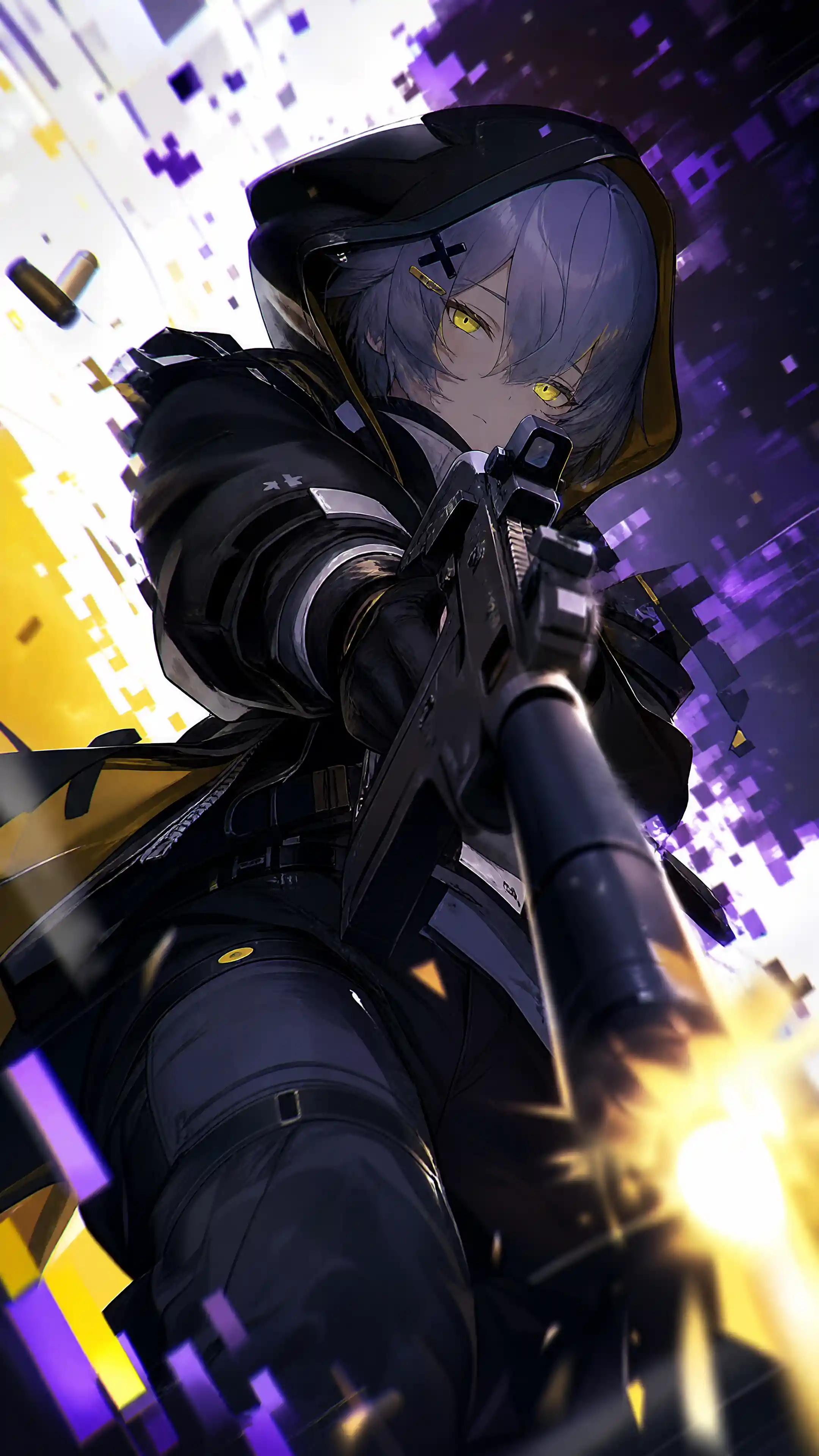 Anime girl aiming submachine gun in dynamic worm eye view