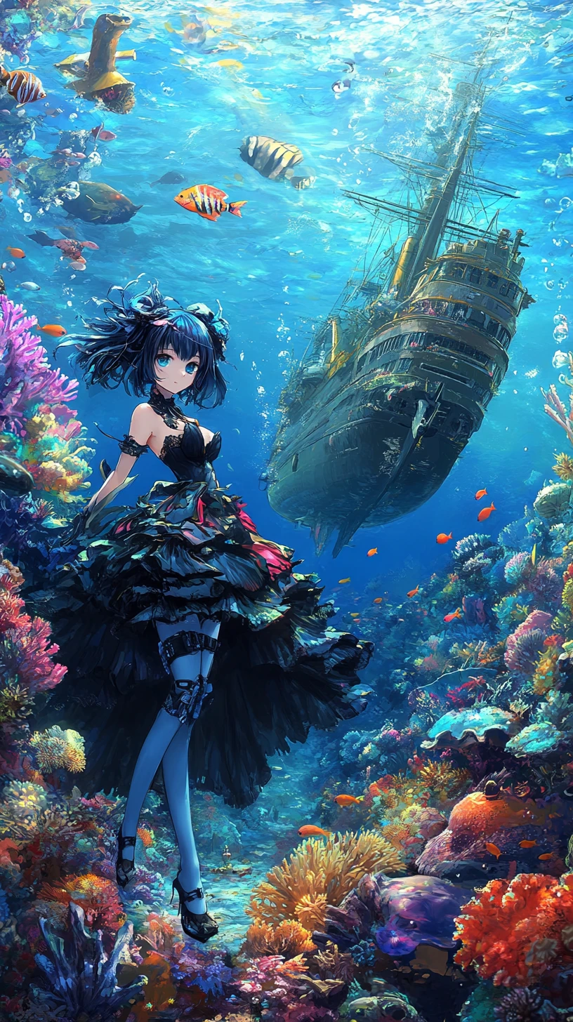 Colorful coral reef underwater with small fish and sunken ship