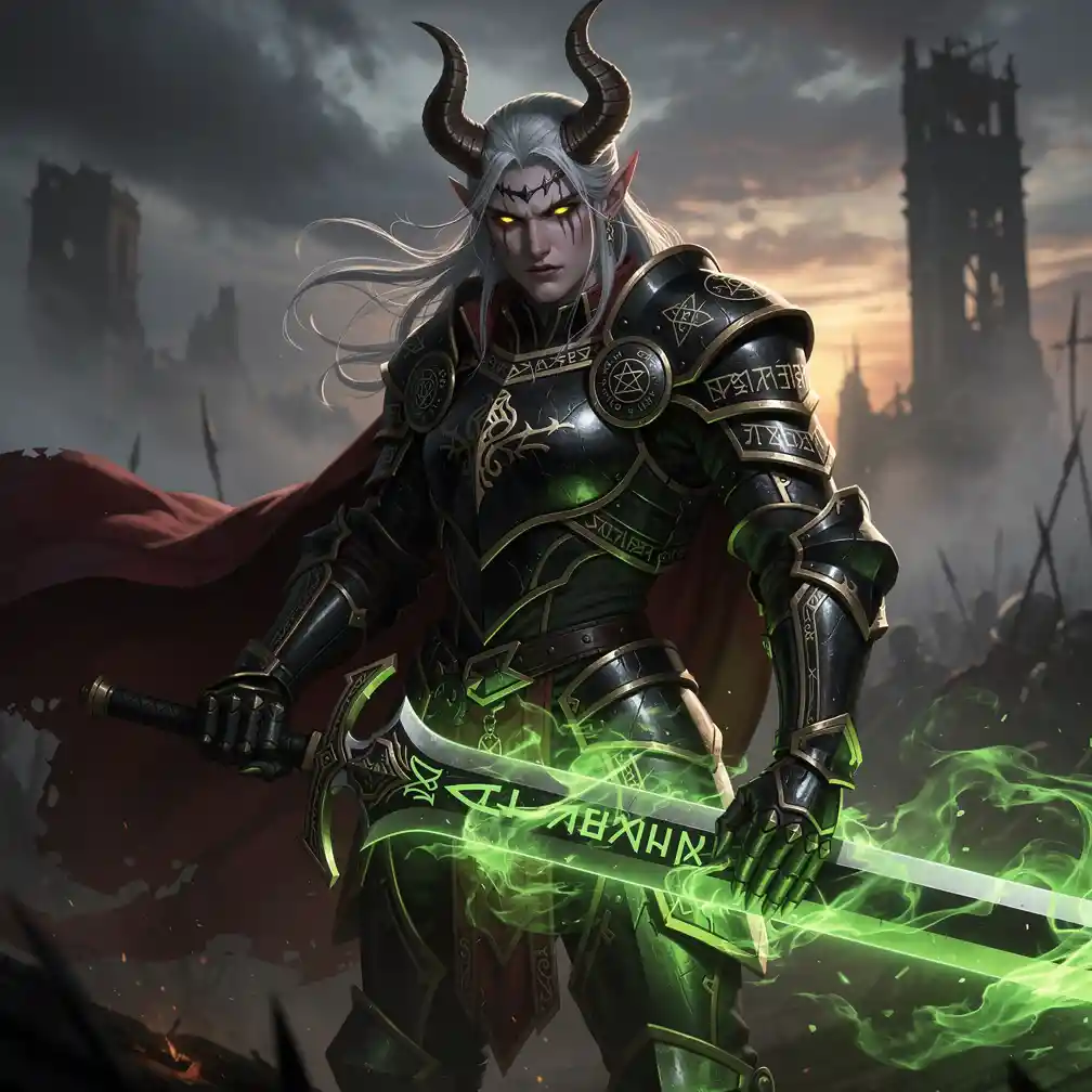 Silver haired tiefling knight with green flaming sword