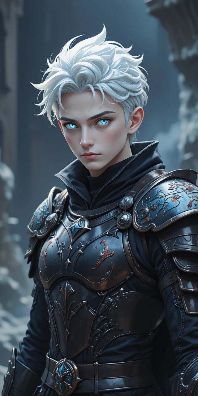 Young anime warrior with white hair and dragon horns