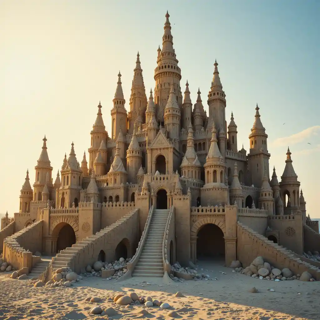 Giant detailed sandcastle sculpture on a sunny beach
