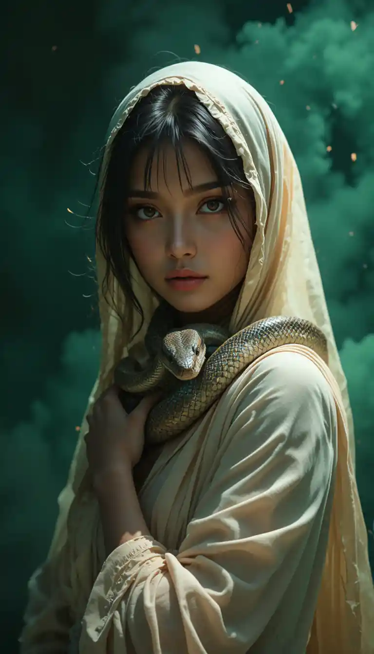 Indian woman with python in dramatic green portrait