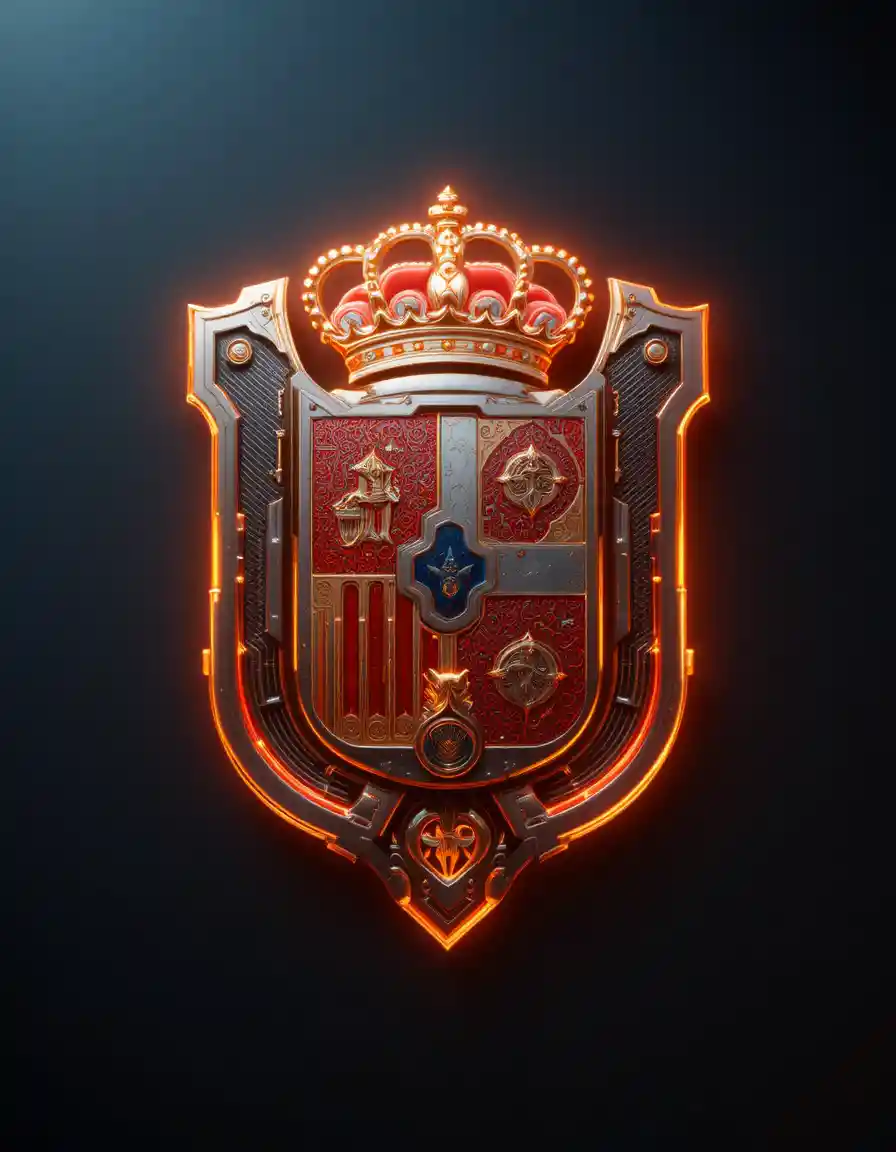 Futuristic Spanish soccer crest with glowing red and gold