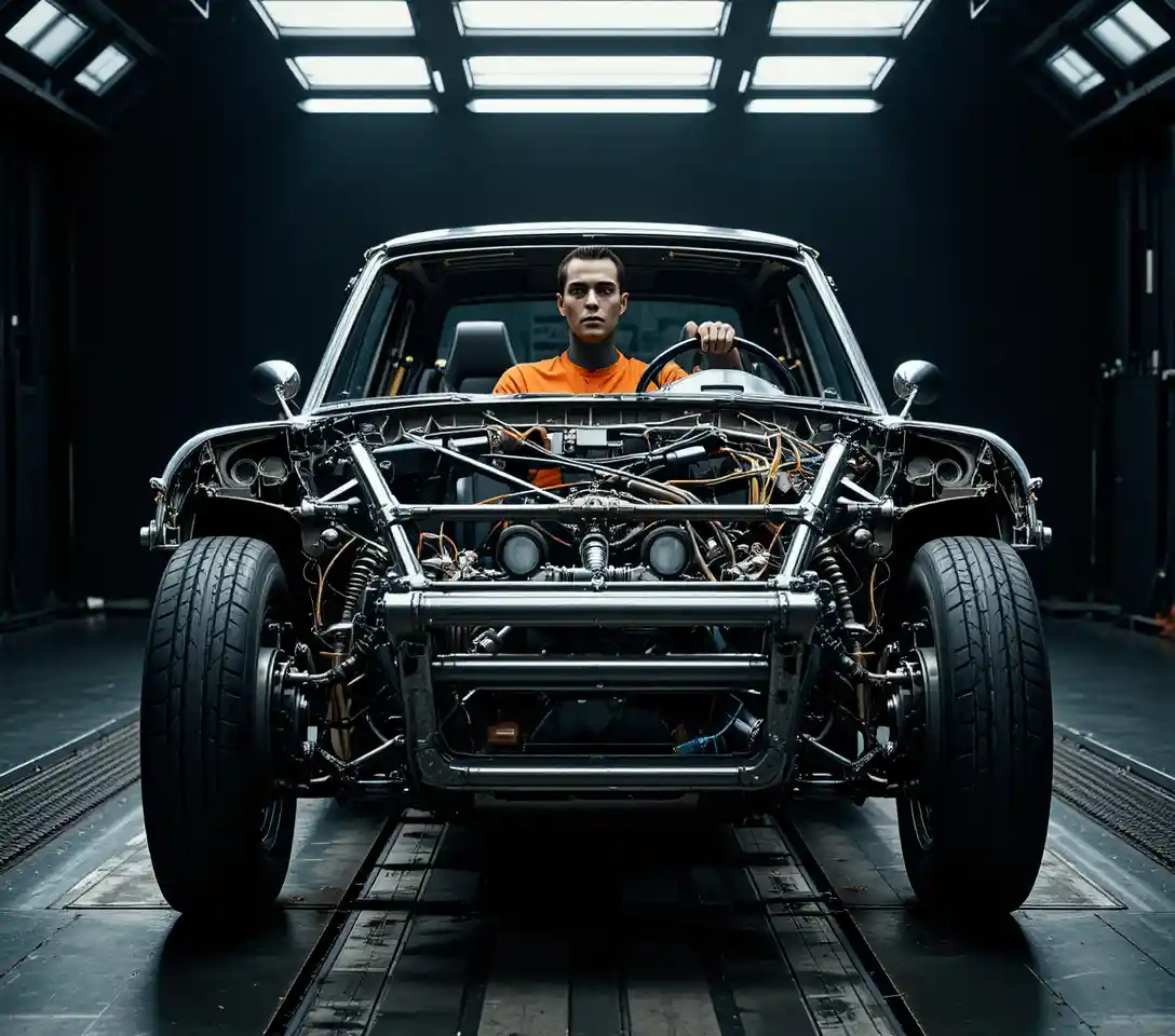 Crash test dummy seated in exposed car chassis