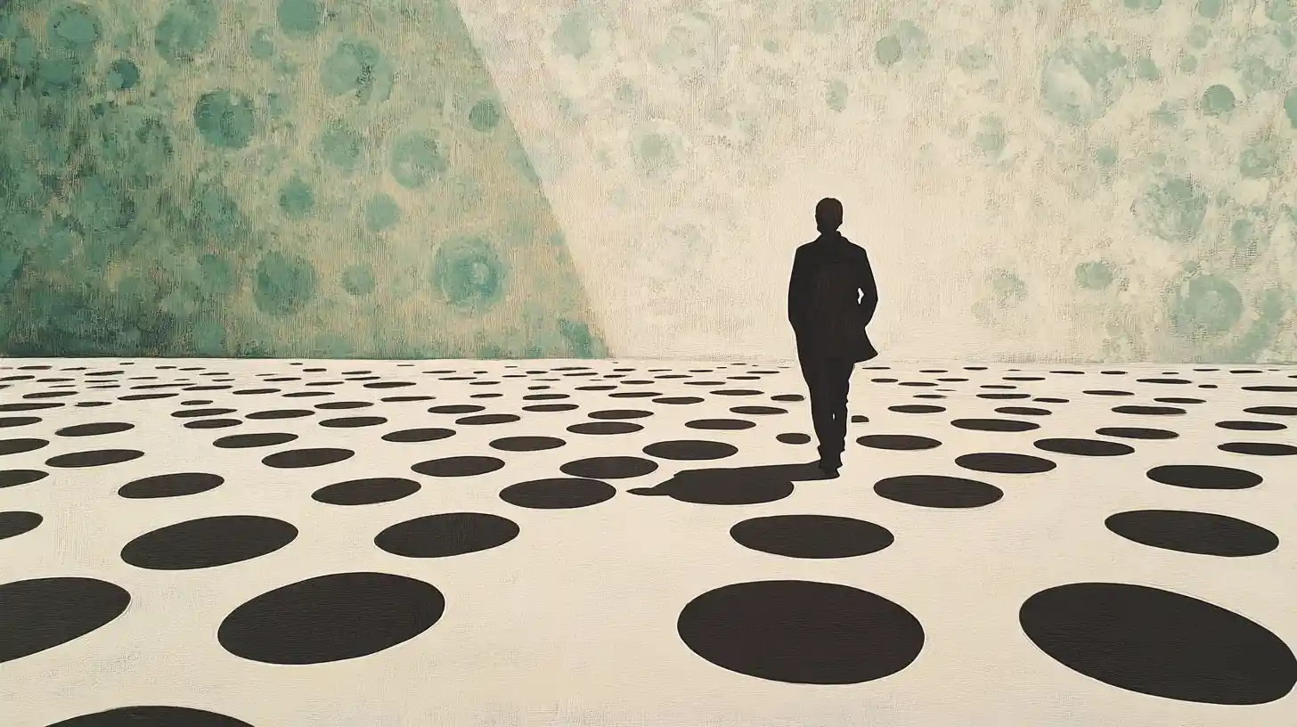Person walking through fading polka dot pattern into minimal space