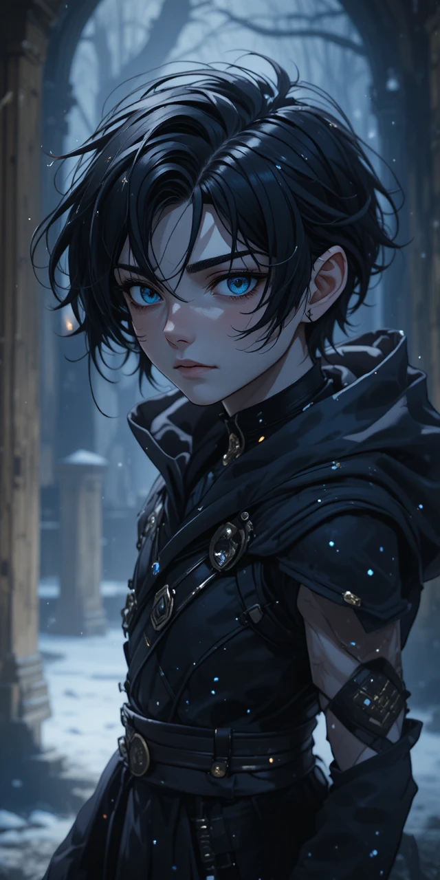 Young anime rogue boy wrapped in dark stealth clothing