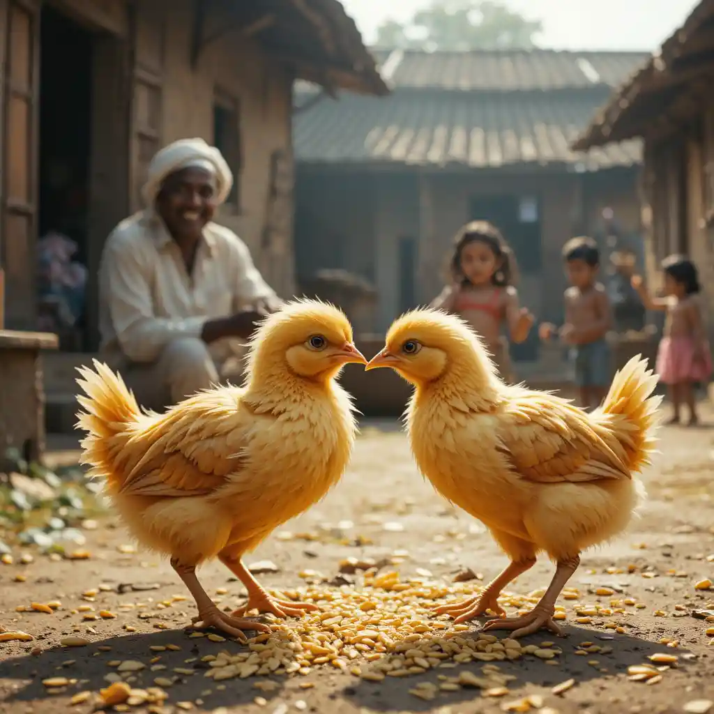 Yellow chicks pecking rice in a rustic village courtyard