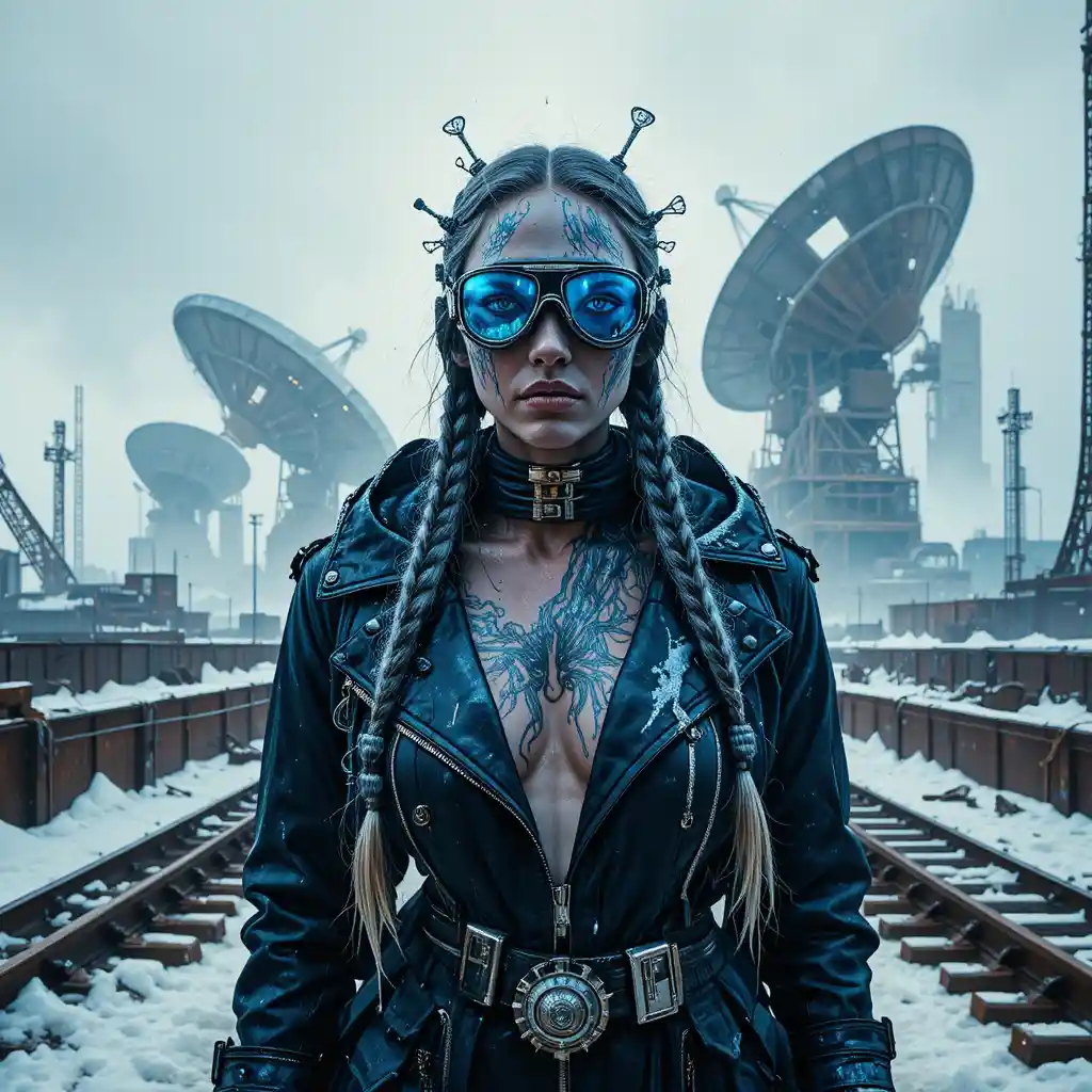Cyber femme fatale in snowy industrial graveyard