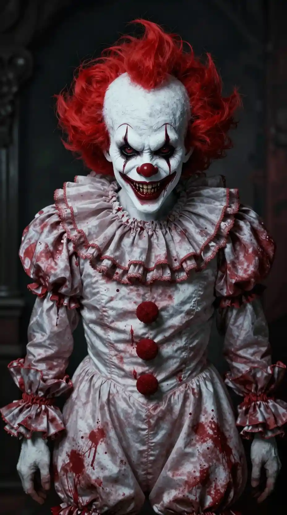 Sinister white clown with red eyes and wild spiky hair