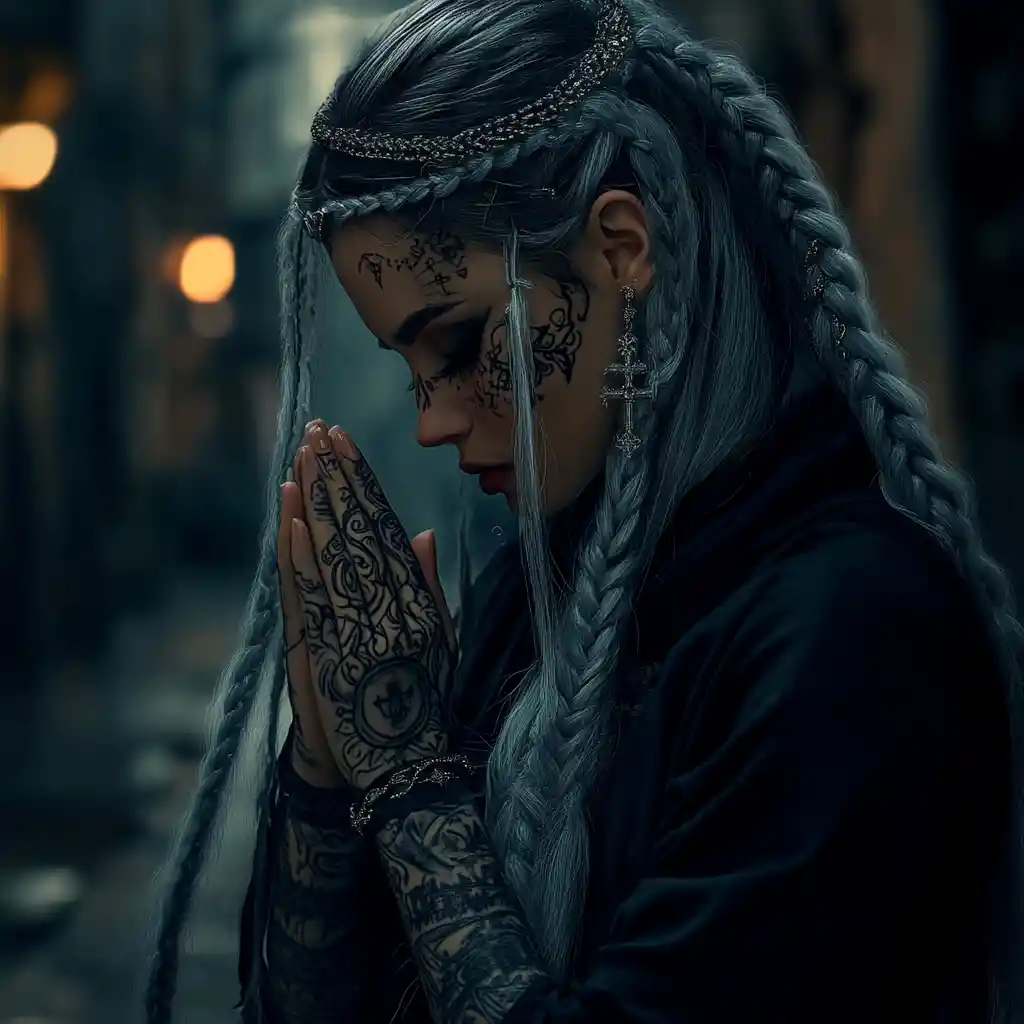 Young woman praying in a dark fantasy city alley