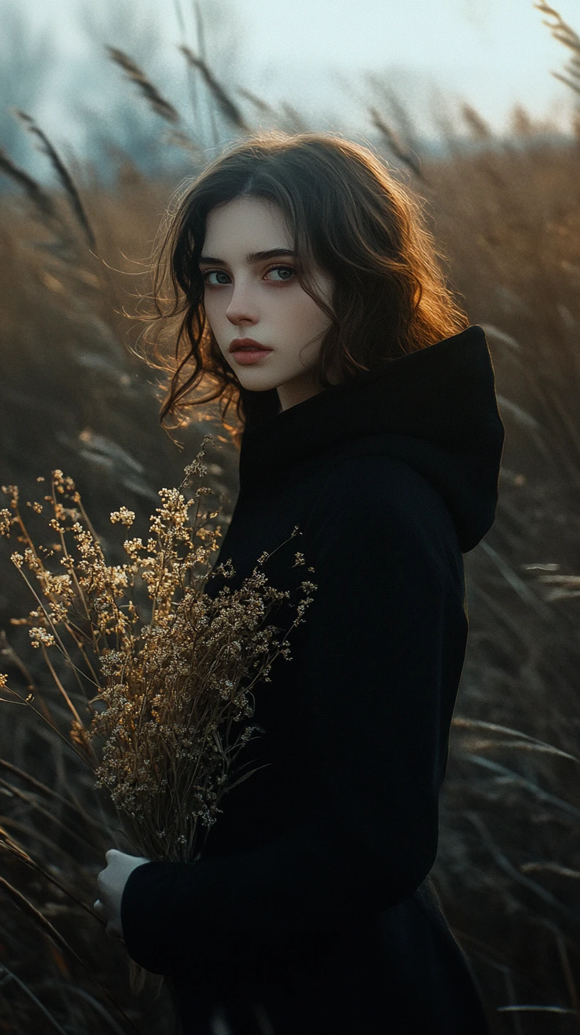 Young woman in meadow holding dried wildflower bouquet at dusk