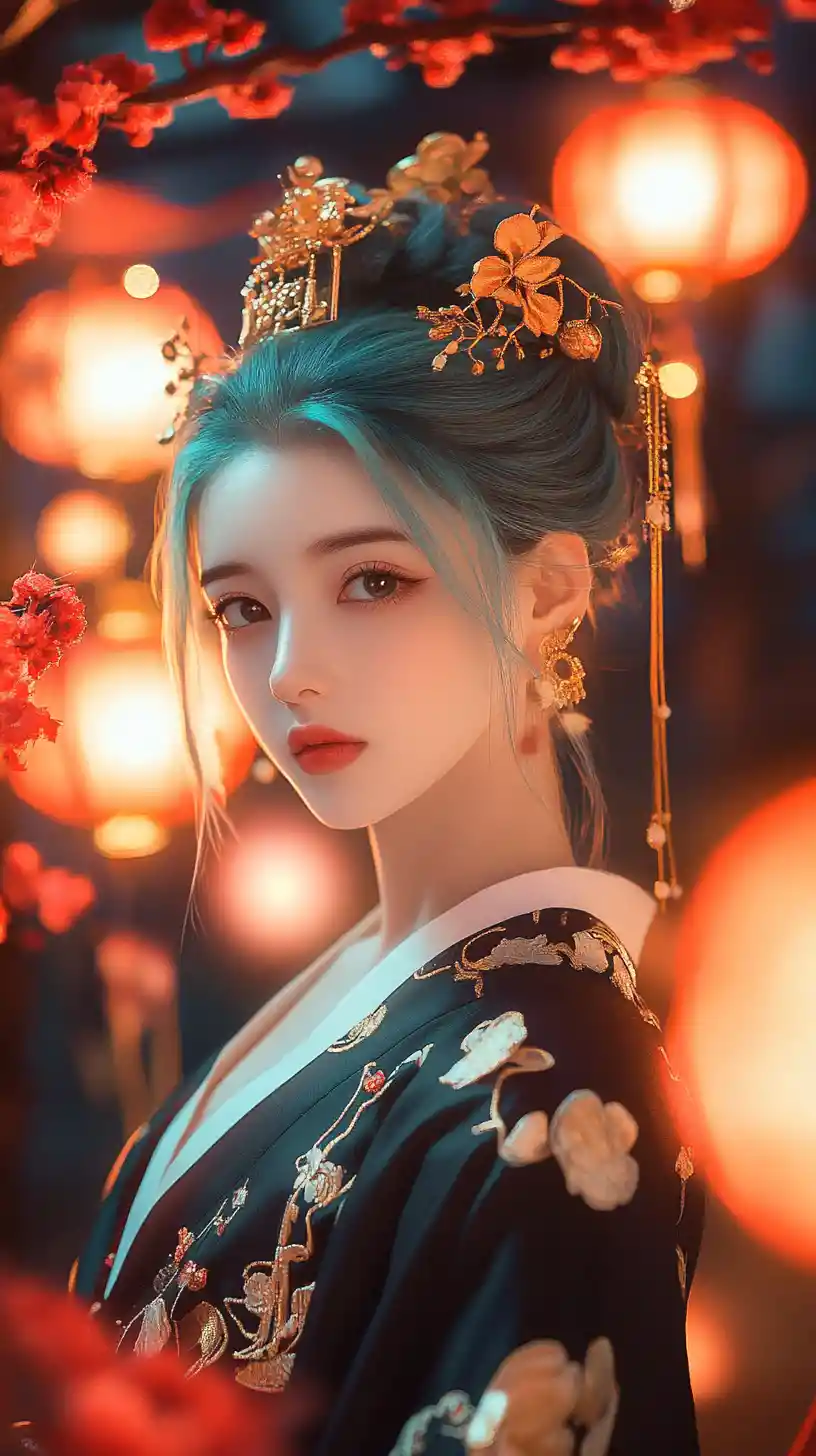 Serene anime girl under red lanterns on a moonlit night