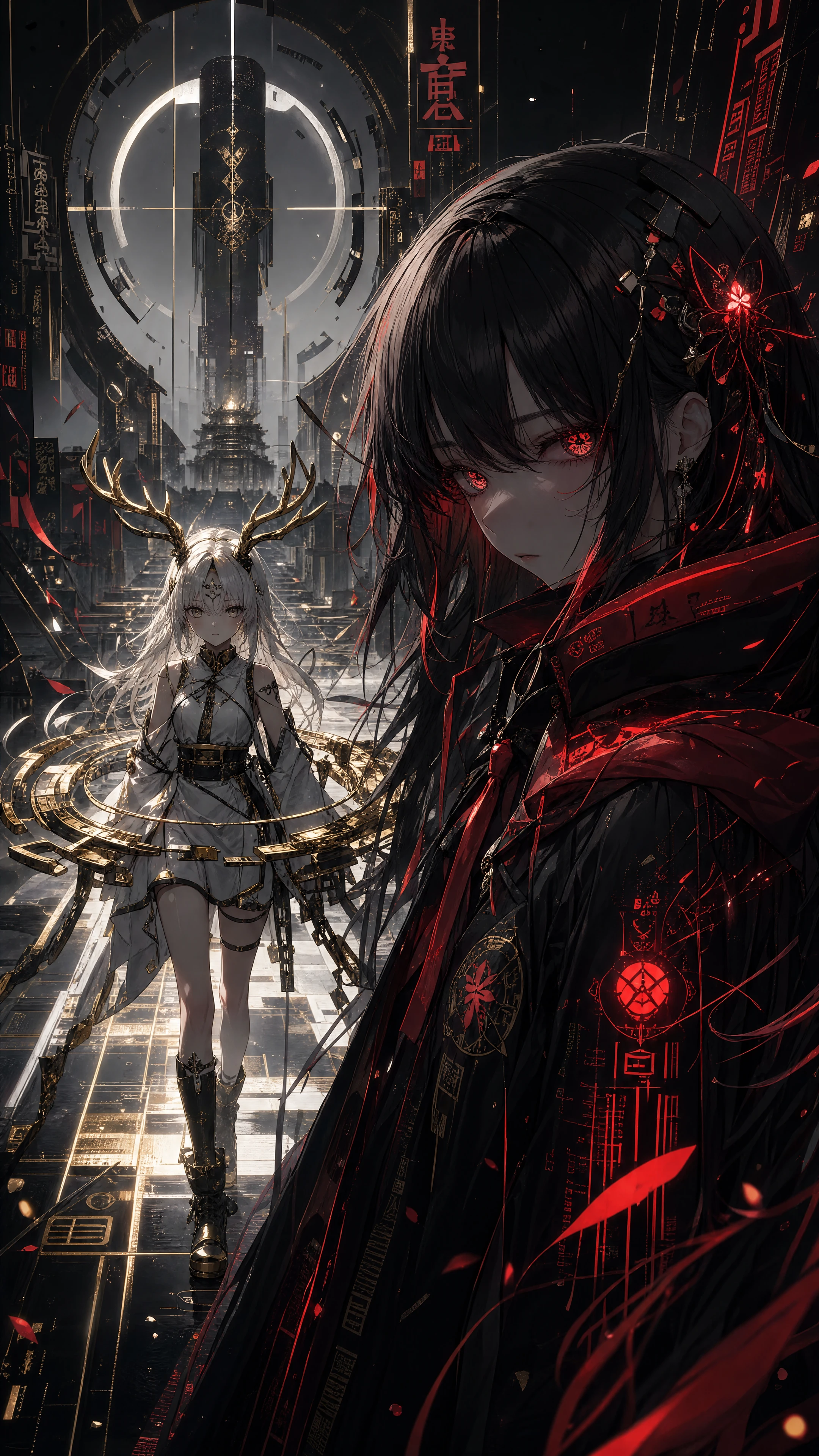 Antlered girl walking toward viewer on glowing sci fi path