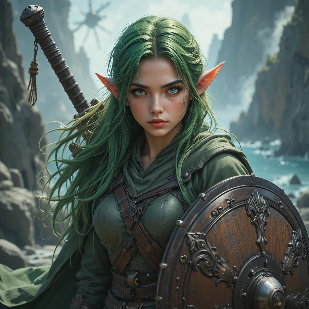 Elf warrior woman with curved sword and round shield