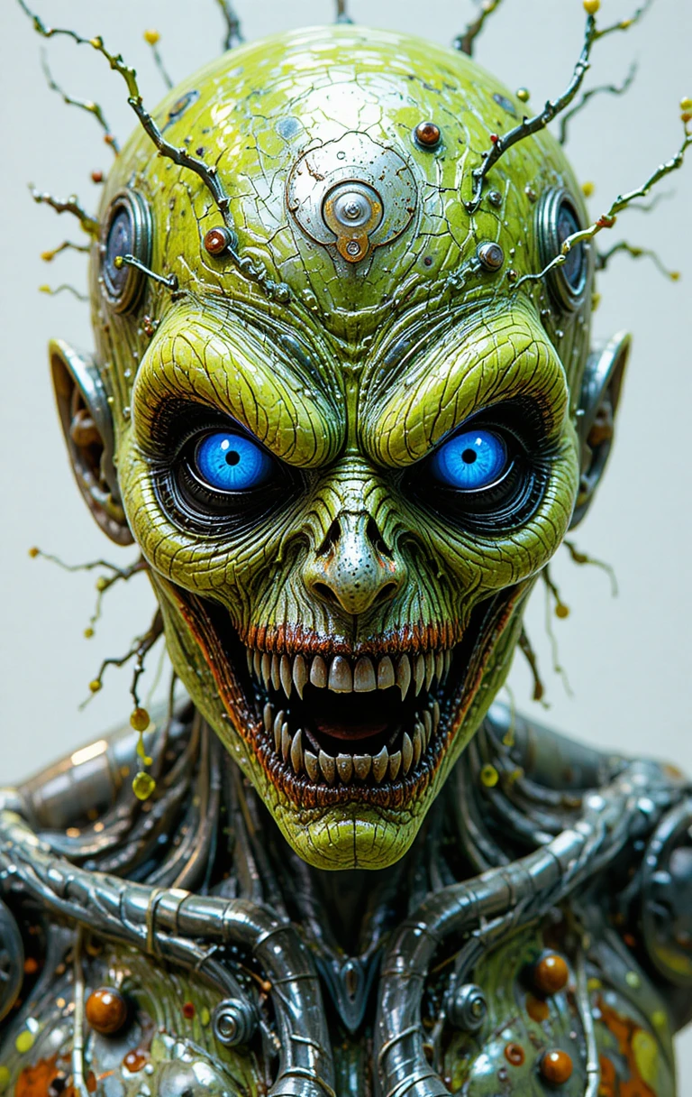 Creepy Rococo monster with glowing blue eyes and metal trim