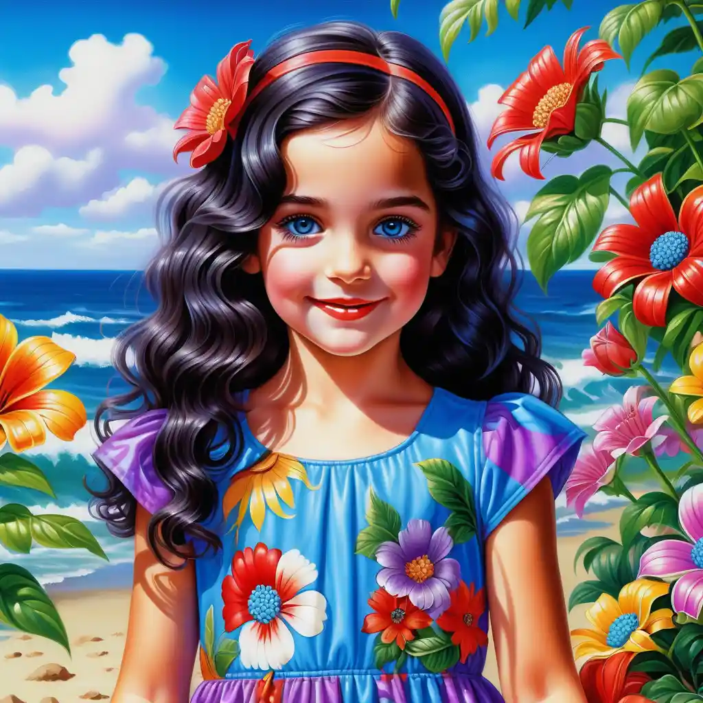 Smiling curly haired girl in violet summer floral dress