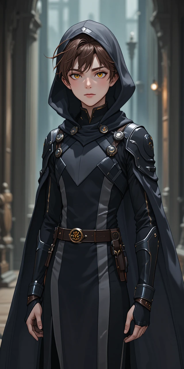 Stealthy anime boy in dark hooded tunic and short cape