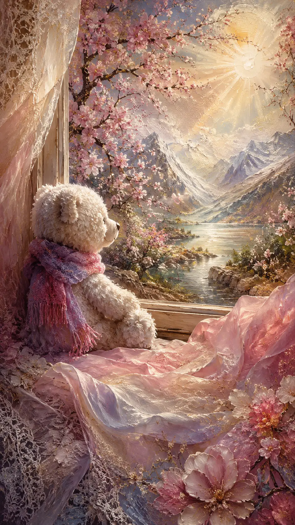 Flauschiger weißer Teddybär mit Schal schaut aus dem Fenster