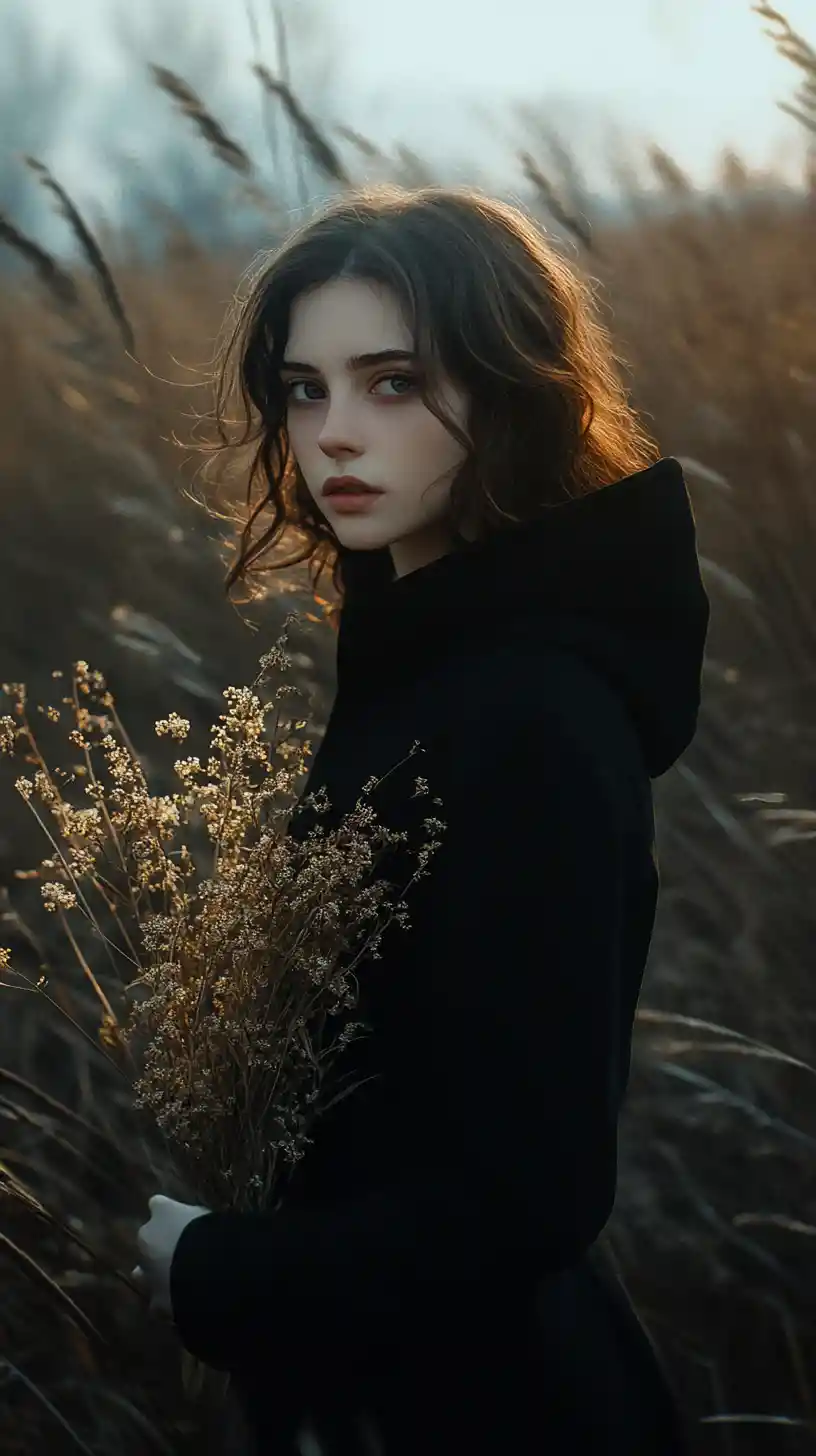 Young woman in meadow holding dried wildflower bouquet at dusk