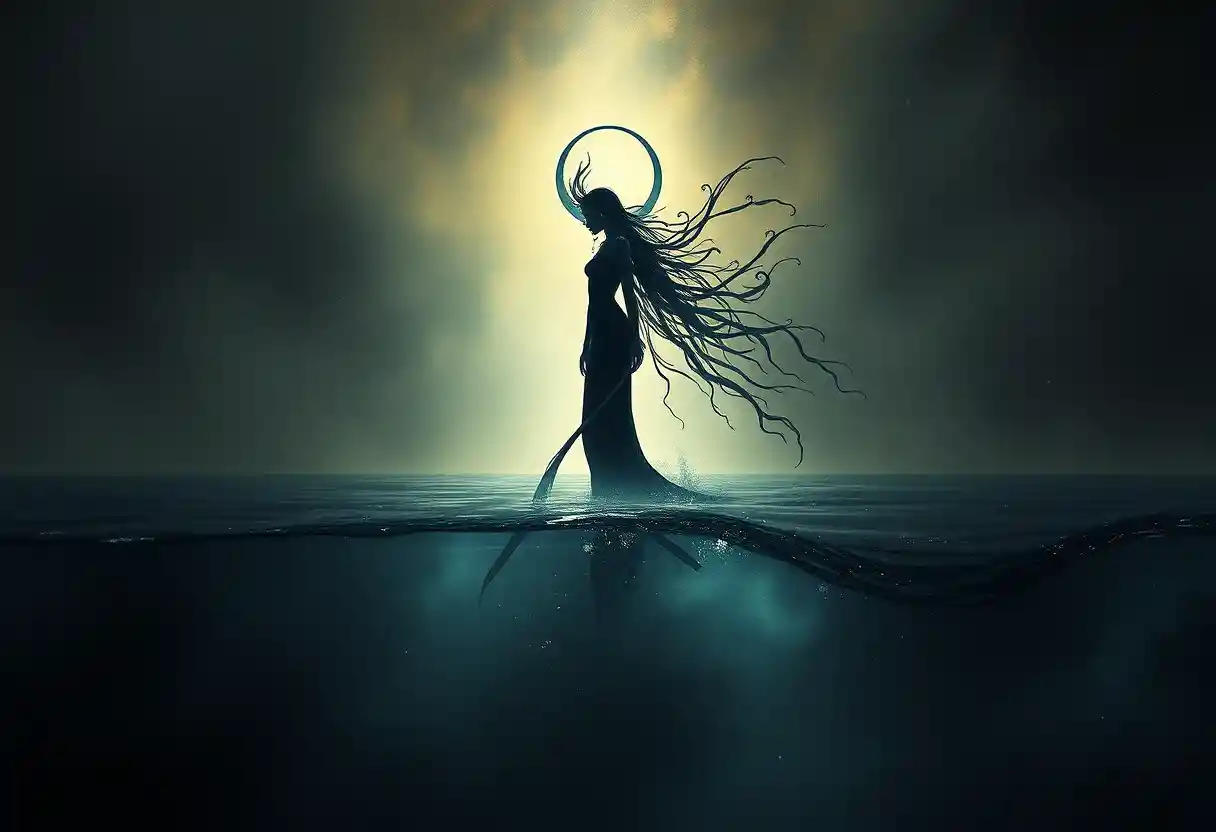 Dark goddess figure standing in deep shadowy space