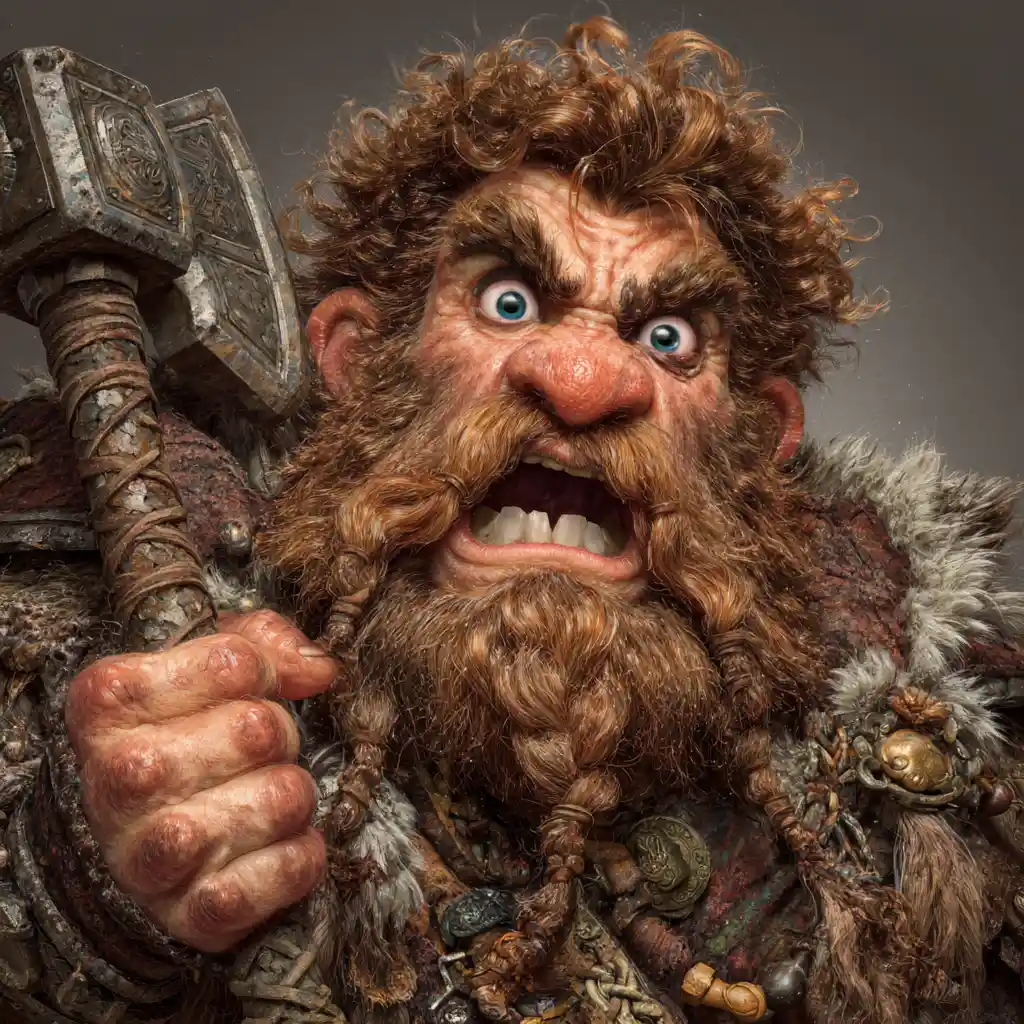 Ferocious dwarf barbarian with war hammer and wild eyes