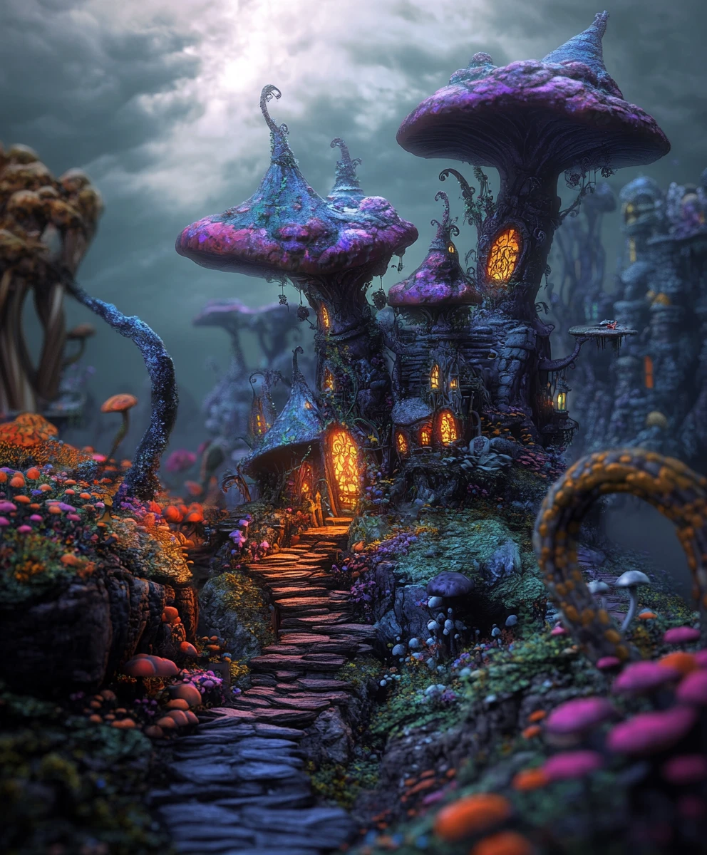 Cheerful surreal fantasy landscape with vibrant colorful scenery