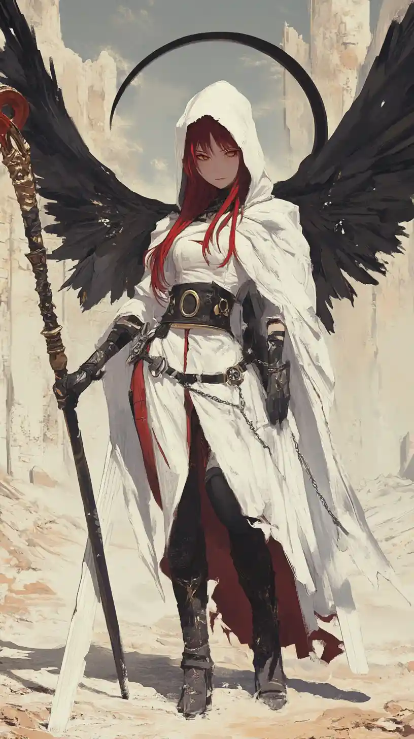 Battle scythe in ancient desert ruins with red runes