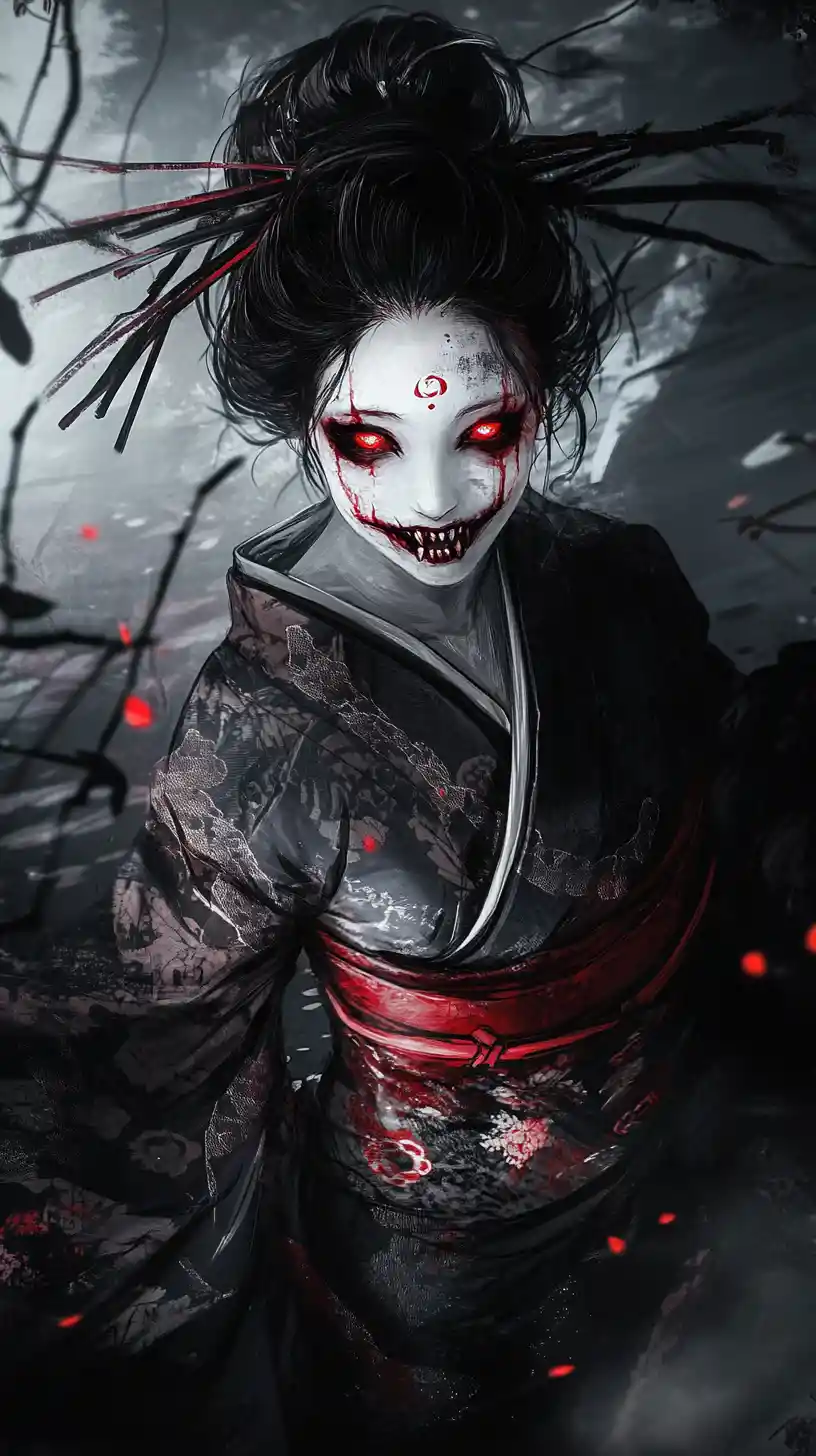 Terrifying anime spirit woman in a dark forest swamp