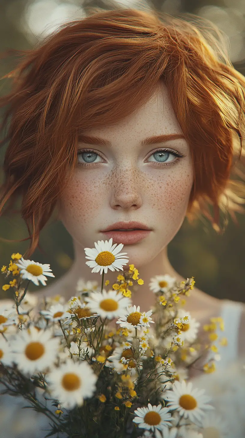 Red haired girl with wildflower bouquet in soft sunlight