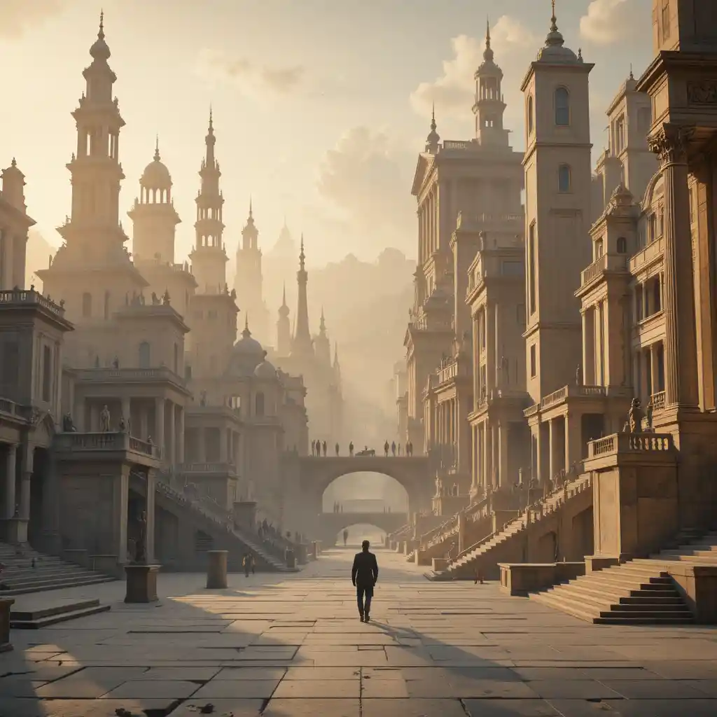 Surreal impossible city of merging ancient and futuristic architecture