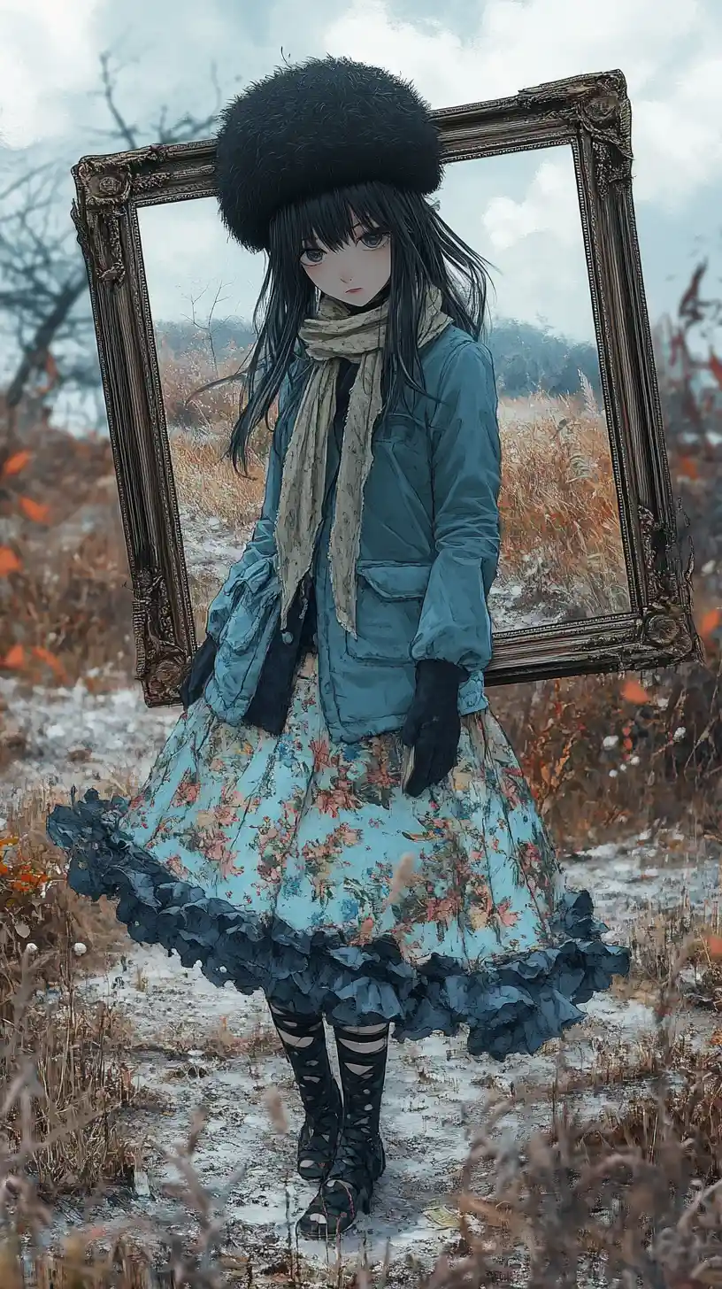 Anime girl in a crumbling fantasy world with empty frame