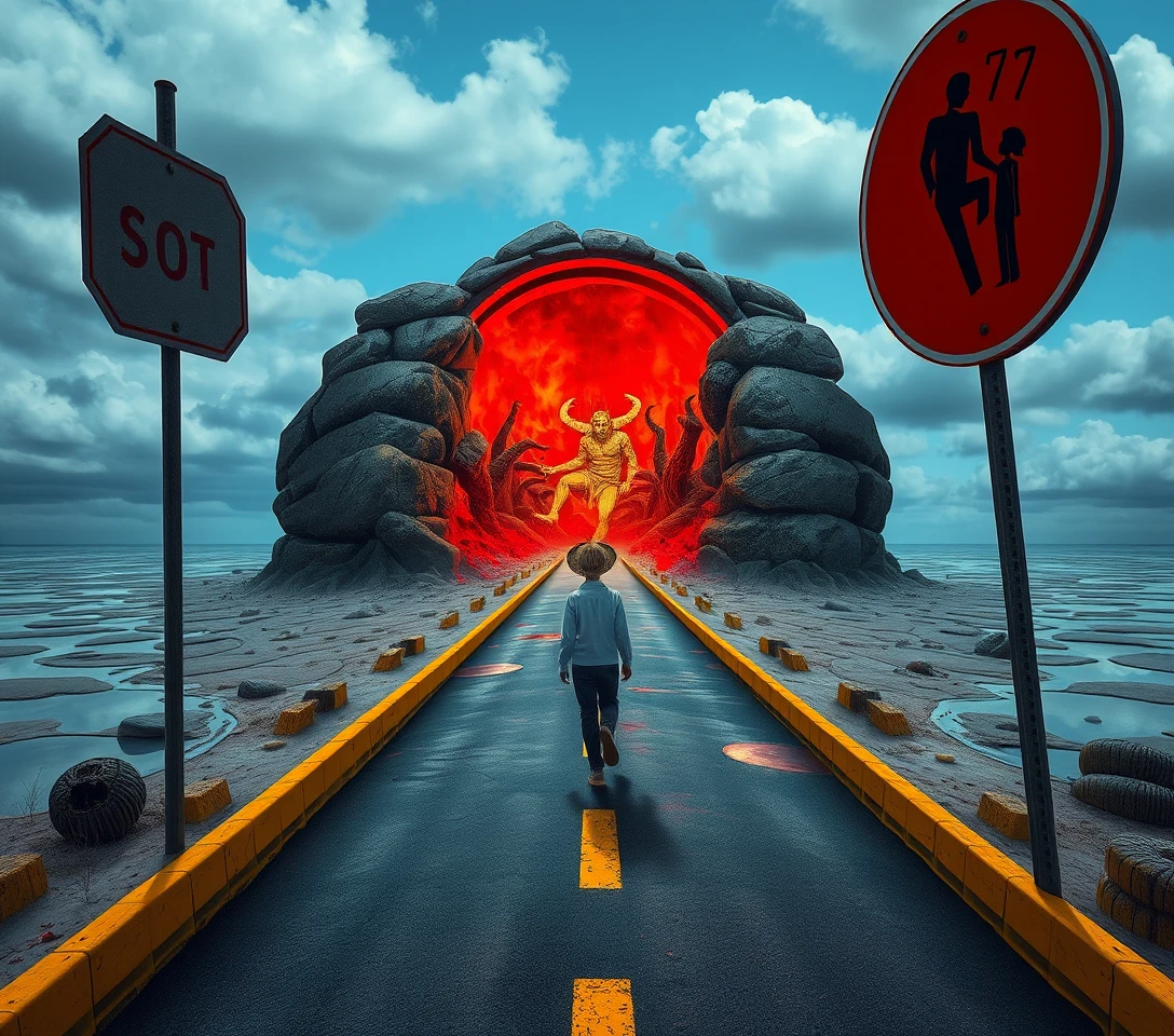 Man Walking A One Way Street Into A Surreal Hell