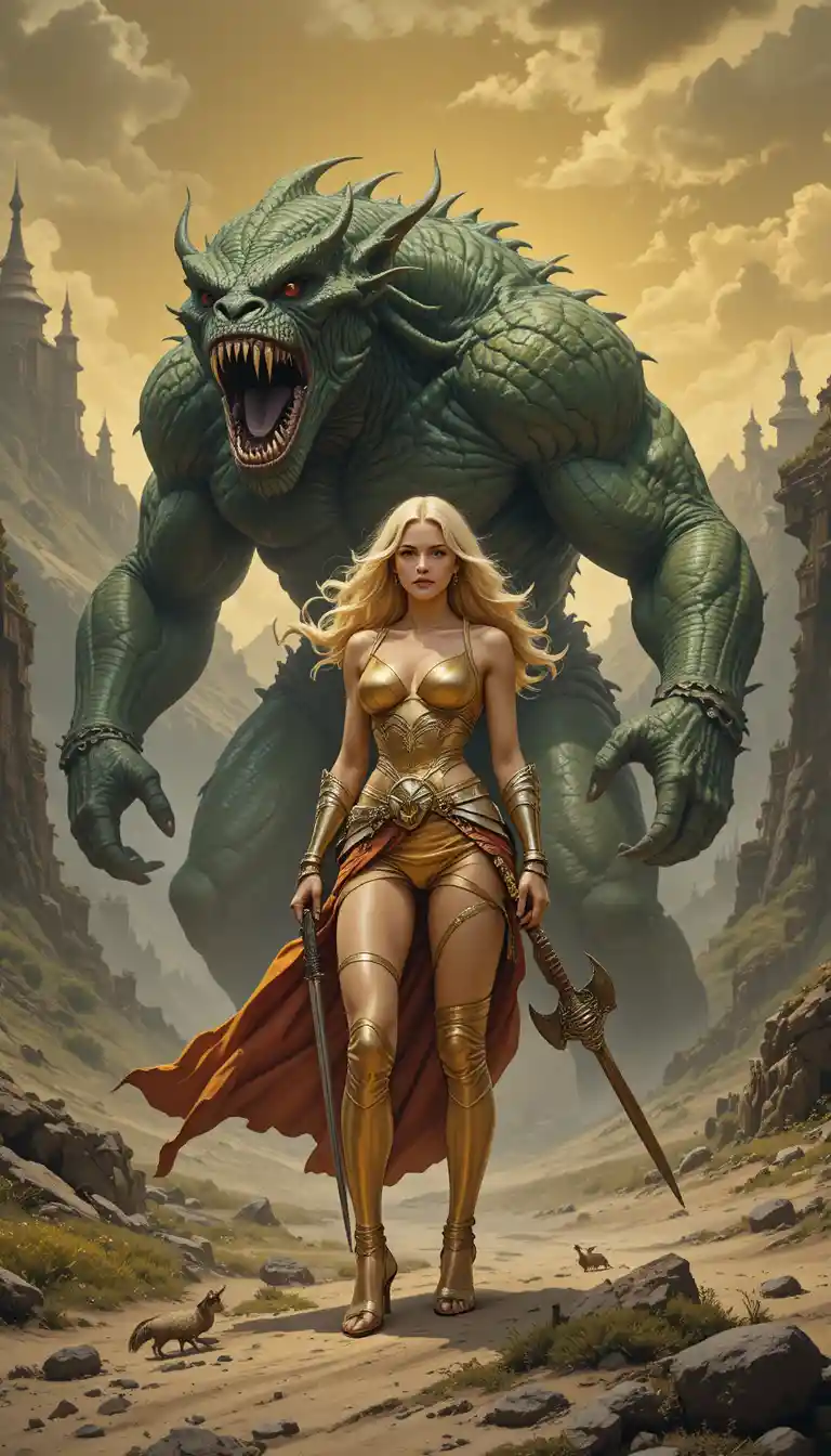Blonde warrior woman standing on rocks in fantasy landscape